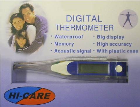 Digital ThermometerDesign:Modern with large lcd display. Temp range:32oc - 42oc. Accuracy:±0.1oc. Packaging:In protective sleeve (incl. battery)